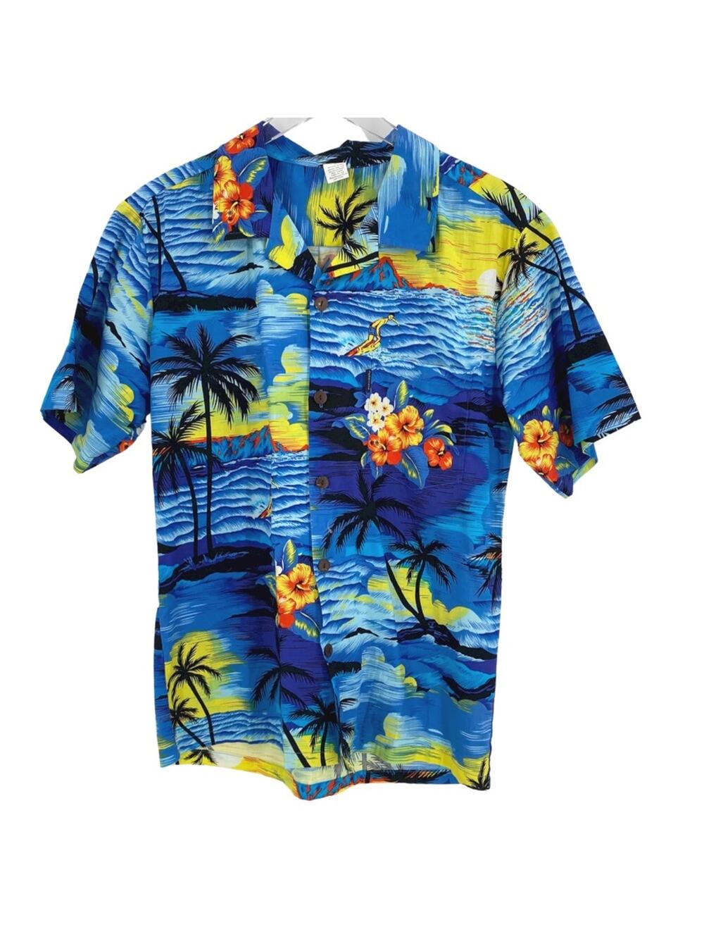 Palmwave Hawaiian shirt size small blue yellow surfer volcano palm trees